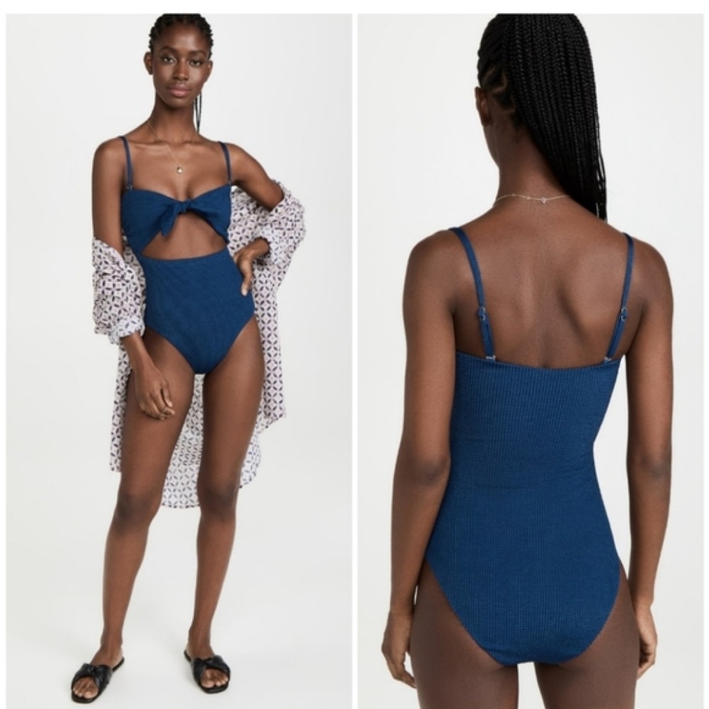 Veronica Beard - Bethany Tie Front Blue Ribbed One-Piece Swimsuit